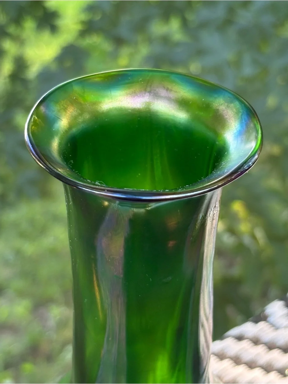 Vintage MCM green iridescent trumpet-neck vase